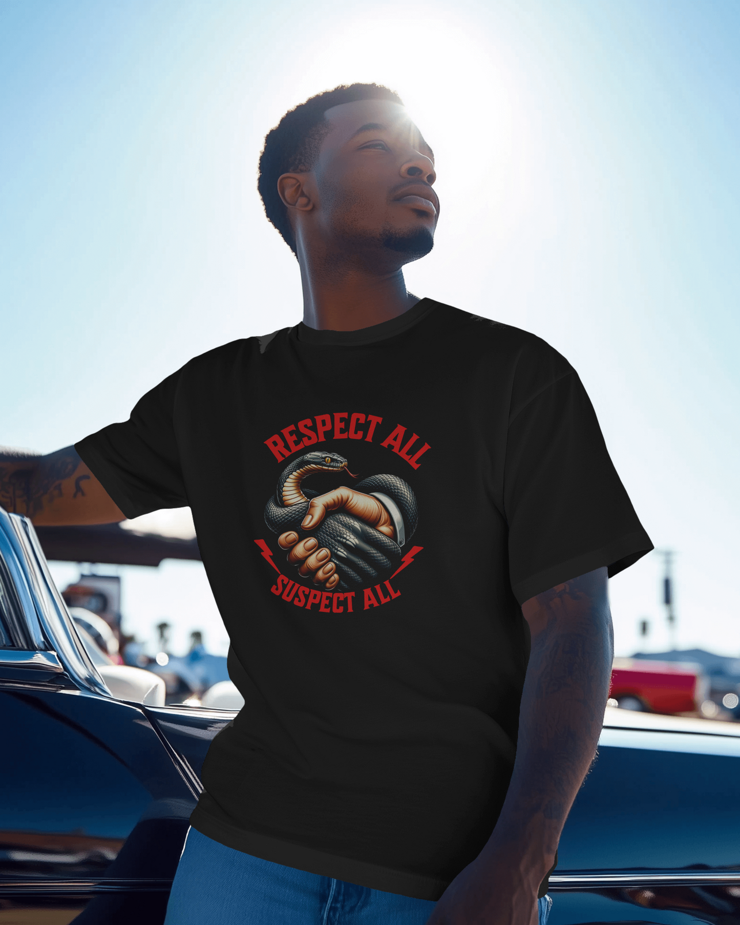 Respect All, Suspect all Regular Fit tee, Black